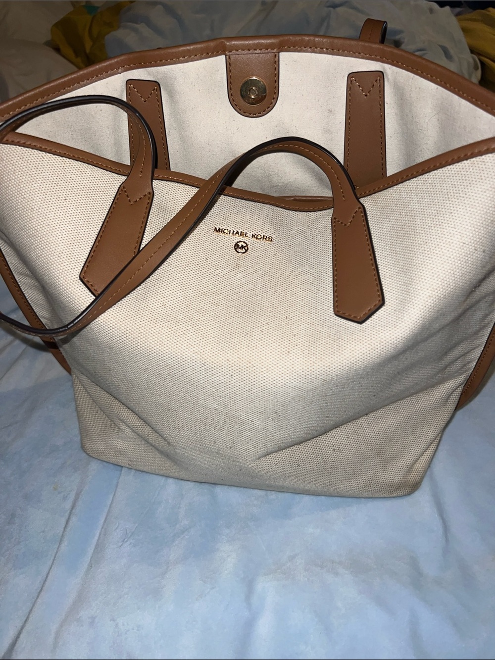 Michael Kors Cream Canvas Tote with Brown Leather Trim